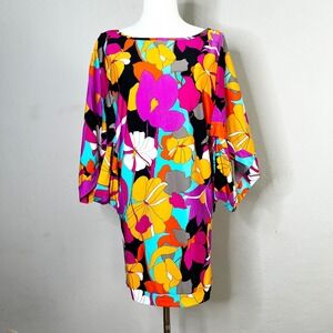 Trina Turk Butterfly Sleeve Mini Dress Tunic Boat Colorful Floral Print Small